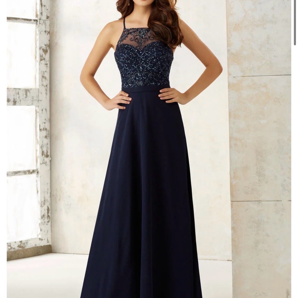 Mori Lee Navy Beaded Illusion Bodice A-Line Prom Dress
